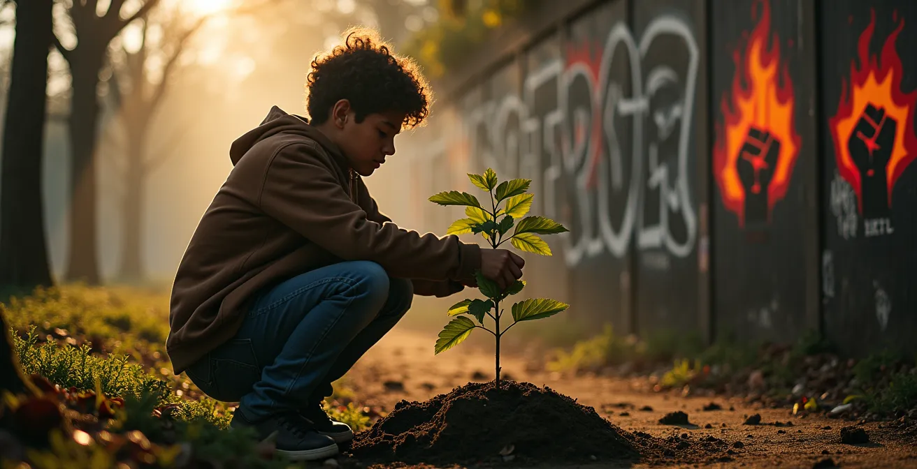 Scène illustrant la dualité entre réformes progressistes et révolution écologique concrète