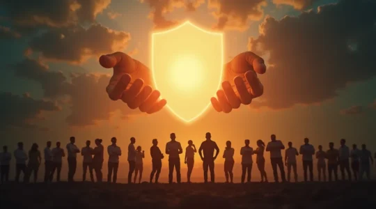 Une main protectrice abritant un groupe de travailleurs diversifiés symbolisant la protection juridique offerte par le droit du travail