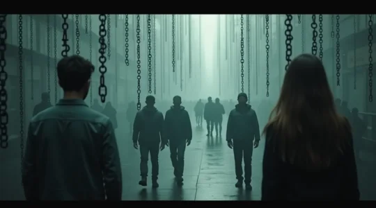 Illustration symbolique représentant une société divisée entre individus et structures invisibles qui les influencent