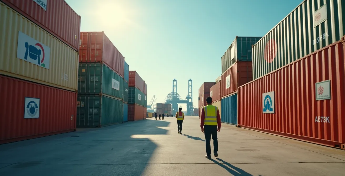 Illustration montrant un port de commerce européen avec des containers marqués de symboles sociaux et écologiques, représentant l'application des normes européennes aux importations.