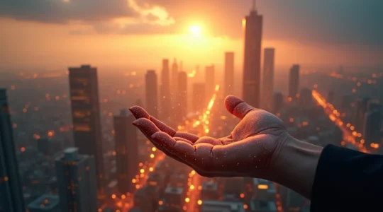 Illustration symbolique représentant un horizon futuriste avec des éléments numériques et sociaux, symbolisant une nouvelle vision du communisme au XXIe siècle dépassant l'héritage de l'URSS.