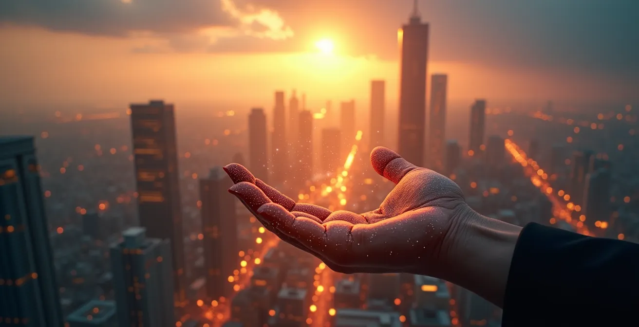 Illustration symbolique représentant un horizon futuriste avec des éléments numériques et sociaux, symbolisant une nouvelle vision du communisme au XXIe siècle dépassant l'héritage de l'URSS.
