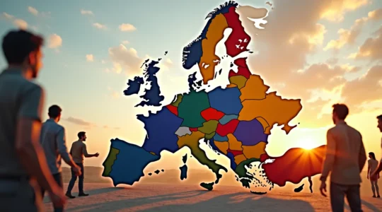 Illustration symbolique montrant la construction collective d'une Europe unie et souveraine par une alliance de forces progressistes, avec des éléments visuels évoquant la solidarité, la justice sociale et l'intégration européenne.