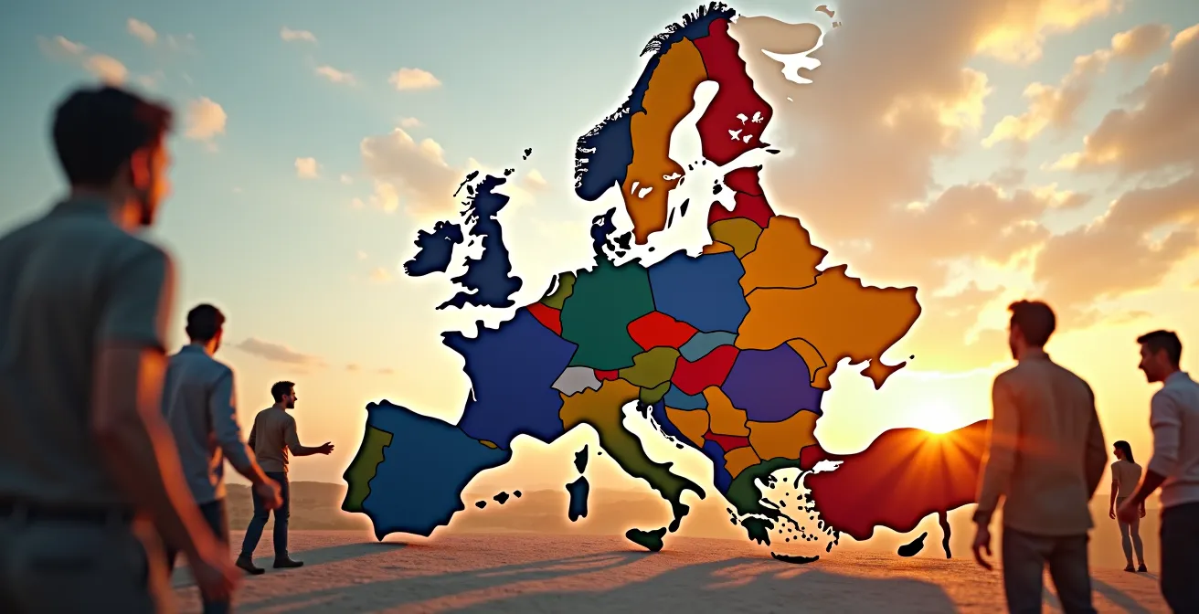 Illustration symbolique montrant la construction collective d'une Europe unie et souveraine par une alliance de forces progressistes, avec des éléments visuels évoquant la solidarité, la justice sociale et l'intégration européenne.