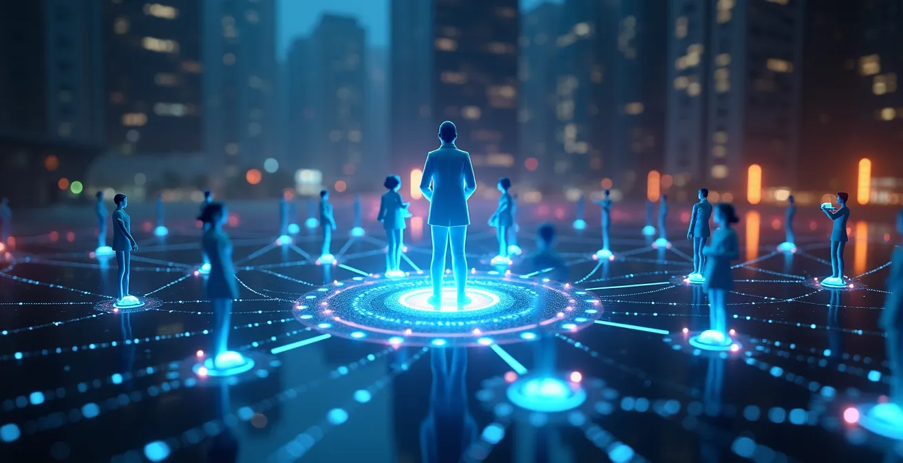 Image symbolique d'une plateforme numérique coopérative opérée collectivement par citoyens, avec un réseau digital ouvert et transparent