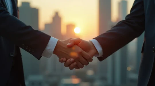 Illustration symbolique représentant deux mains serrées en signe de négociation pacifique au milieu d'un paysage urbain d'entreprise, symbolisant le dialogue social constructif versus le conflit