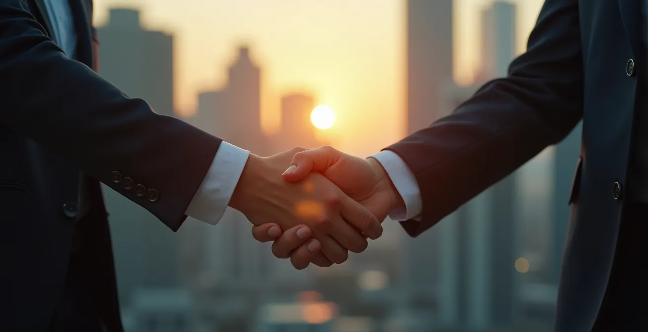 Illustration symbolique représentant deux mains serrées en signe de négociation pacifique au milieu d'un paysage urbain d'entreprise, symbolisant le dialogue social constructif versus le conflit
