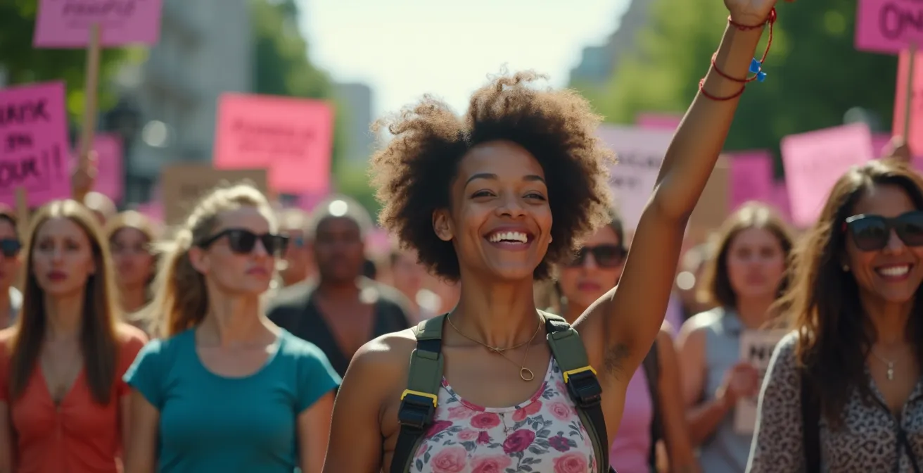 Photographie symbolique d'une manifestation féministe et antiraciste intégrant des éléments écologiques en France
