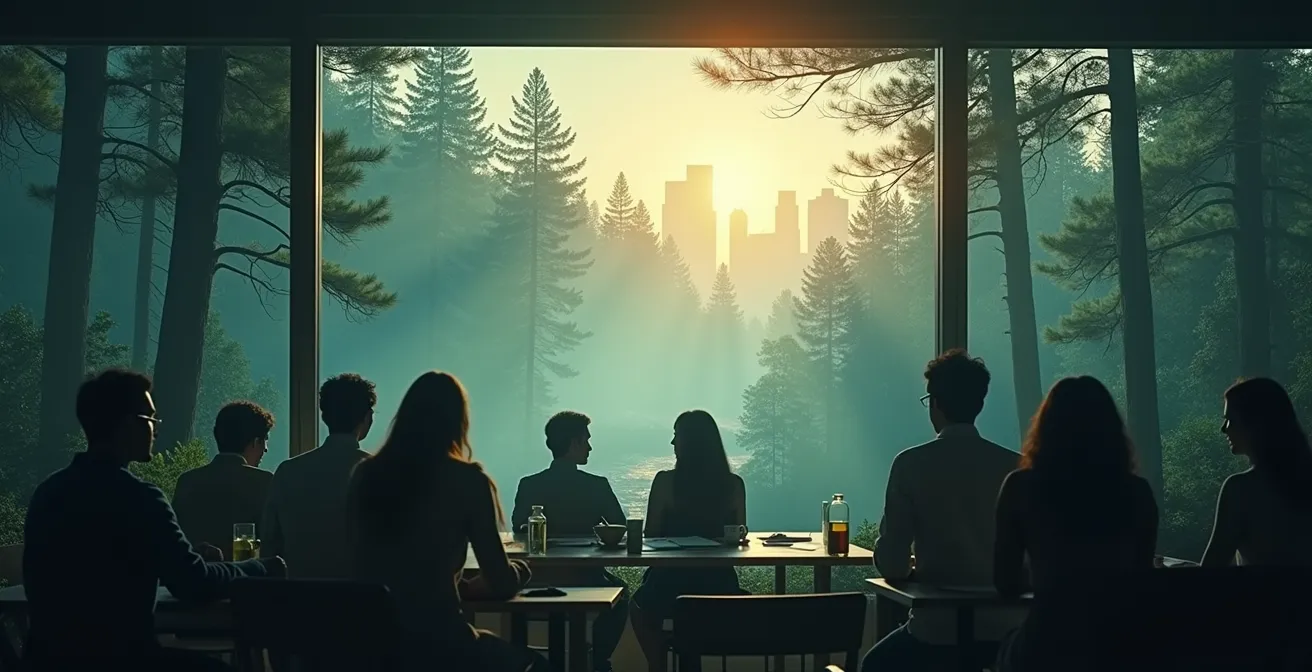 Image symbolique représentant l'écologie politique comme un projet de civilisation, avec des éléments naturels et humains interconnectés