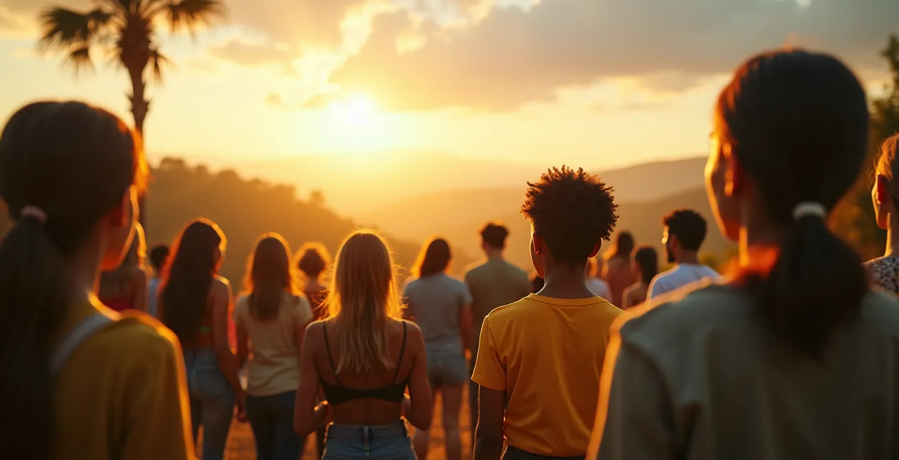 Image symbolique liant l'émancipation sociale à la lutte écologique universelle, montrant une foule diverse devant une nature préservée