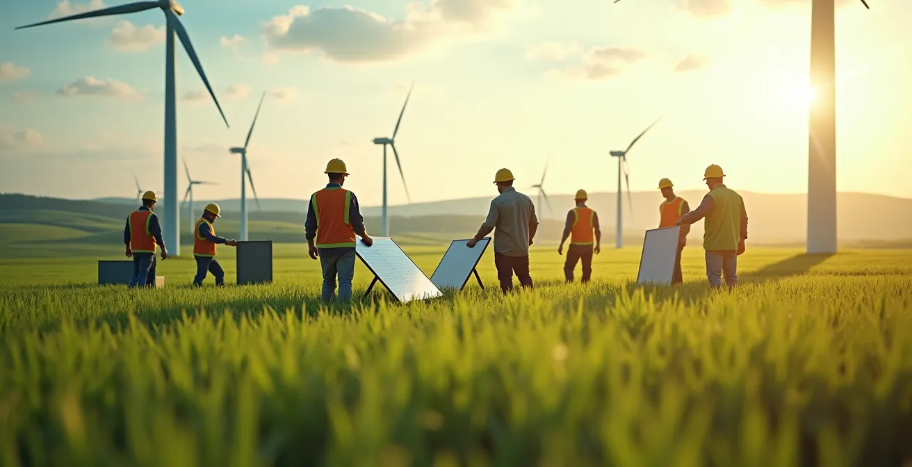Illustration humaine et symbolique montrant des travailleurs dans différents métiers manuels et techniques liés à la transition écologique, devant un paysage d'éoliennes et panneaux solaires.