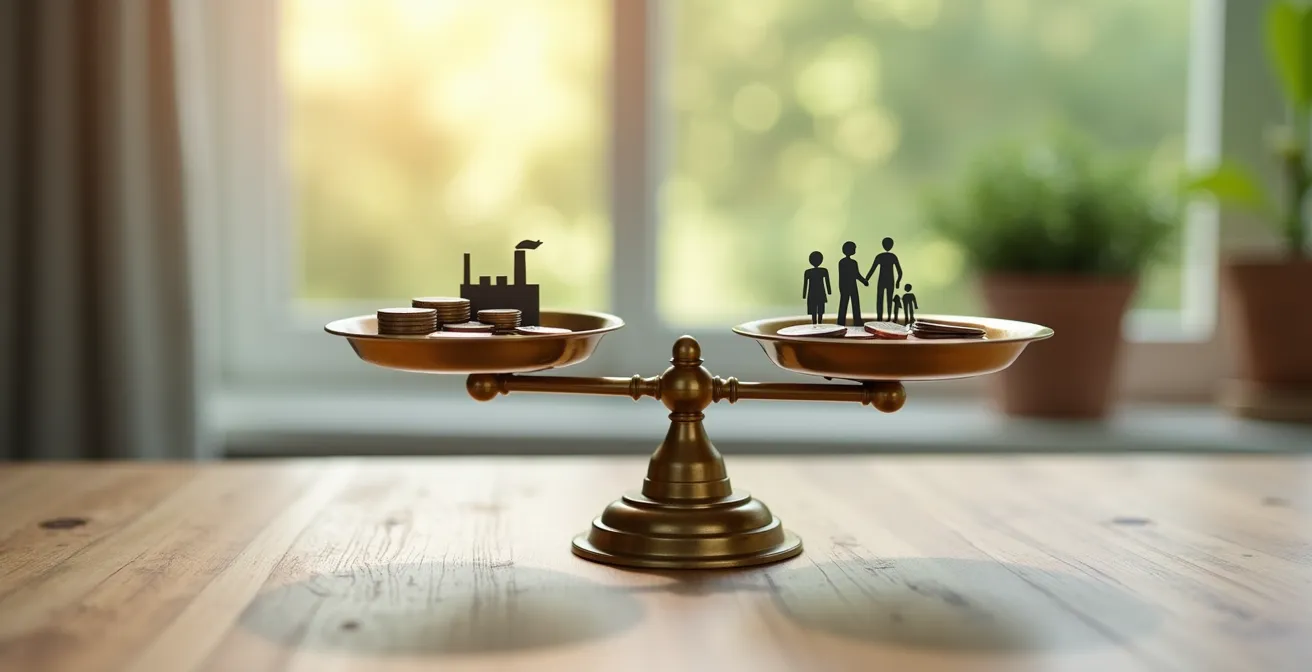 Balance symbolisant le compromis social-démocrate entre capitalisme et réparation sociale