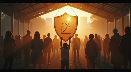 Illustration symbolique d'un État-providence moderne représentant un bouclier protecteur englobant des citoyens de diverses générations, symbolisant la solidarité sociale et la protection collective.