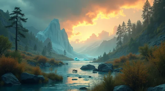 Illustration symbolique représentant la biodiversité en danger avec des éléments naturels et des symboles liés au changement climatique