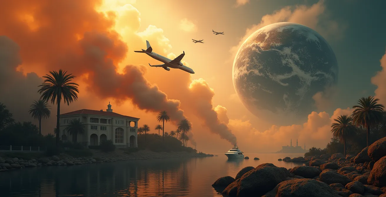 Illustration montrant un jet privé, un yacht et une villa luxueuse consommant beaucoup d’énergie avec un fond de planète Terre en danger