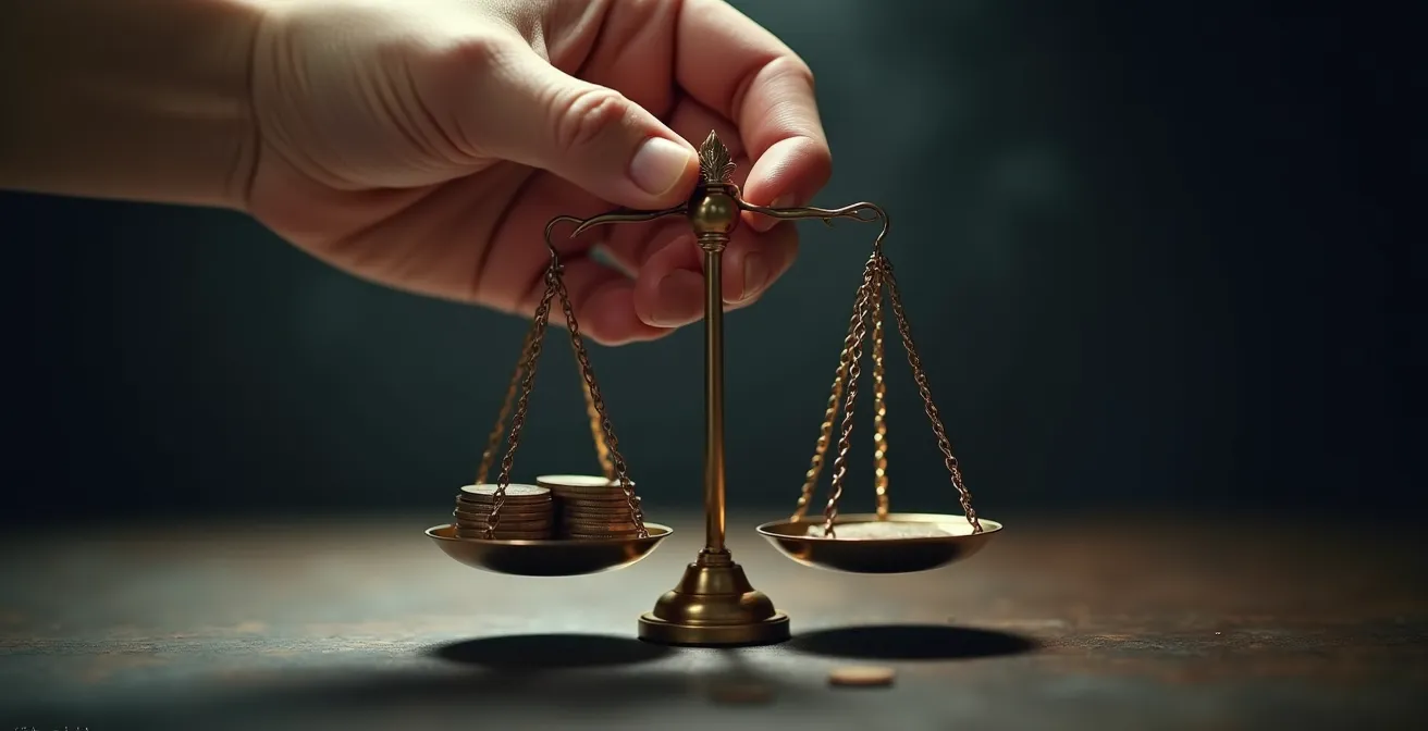 Illustration montrant une main qui dépose des pièces dans une balance symbolisant la justice fiscale et sociale