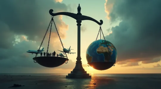 Image symbolique représentant la justice climatique avec une balance déséquilibrée entre riches pollueurs et population modeste face à la planète terre