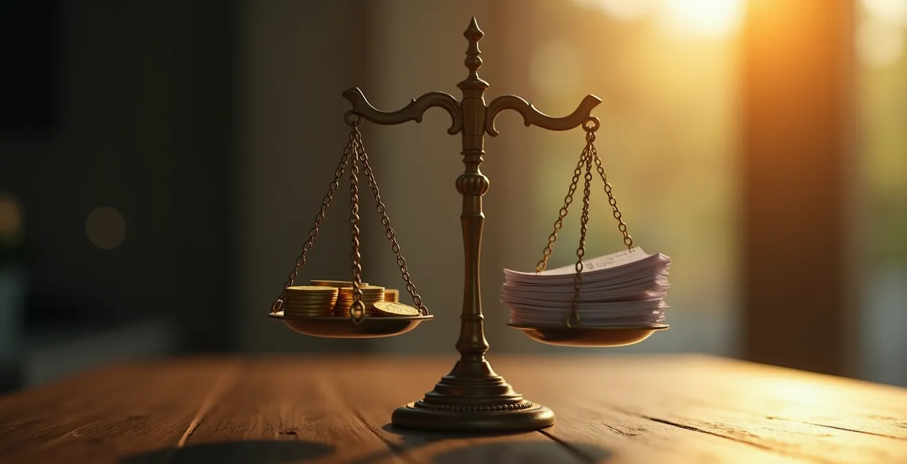 Balance symbolique pesant de l'argent d'un côté et des documents fiscaux de l'autre, représentant la justice fiscale