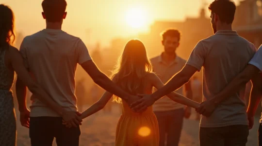 Illustration symbolique représentant la justice sociale avec des personnes diverses se tenant la main en cercle, symbolisant l'égalité et la solidarité