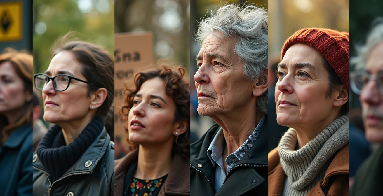 Collage symbolique illustrant la diversité des courants de la gauche en France, montrant des figures engagées dans l'écologie, le féminisme, l'antiracisme et des débats générationnels