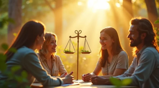 Composition symbolique représentant le dialogue social, l Etat providence, et l ecologie, illustrant la social-democratie comme un projet de societe