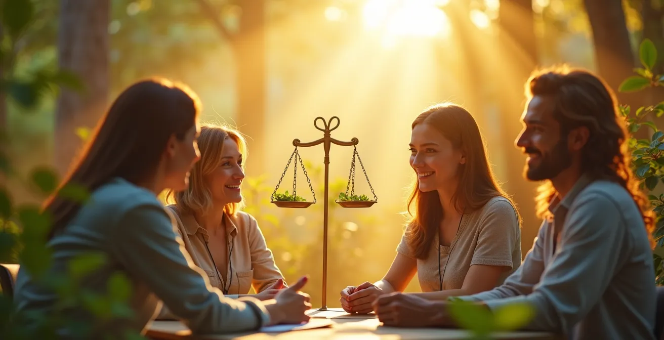 Composition symbolique représentant le dialogue social, l Etat providence, et l ecologie, illustrant la social-democratie comme un projet de societe