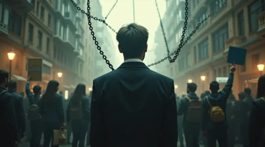 Illustration symbolique représentant les défis modernes de la gauche politique face aux crises sociales, écologiques et technologiques du XXIe siècle.