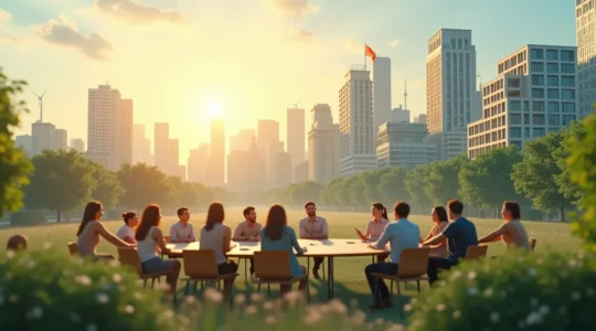 Image symbolique illustrant différentes formes de mise en commun des moyens de production au XXIe siècle, combinant coopératives, entreprises publiques, plateformes numériques et logements collectifs.