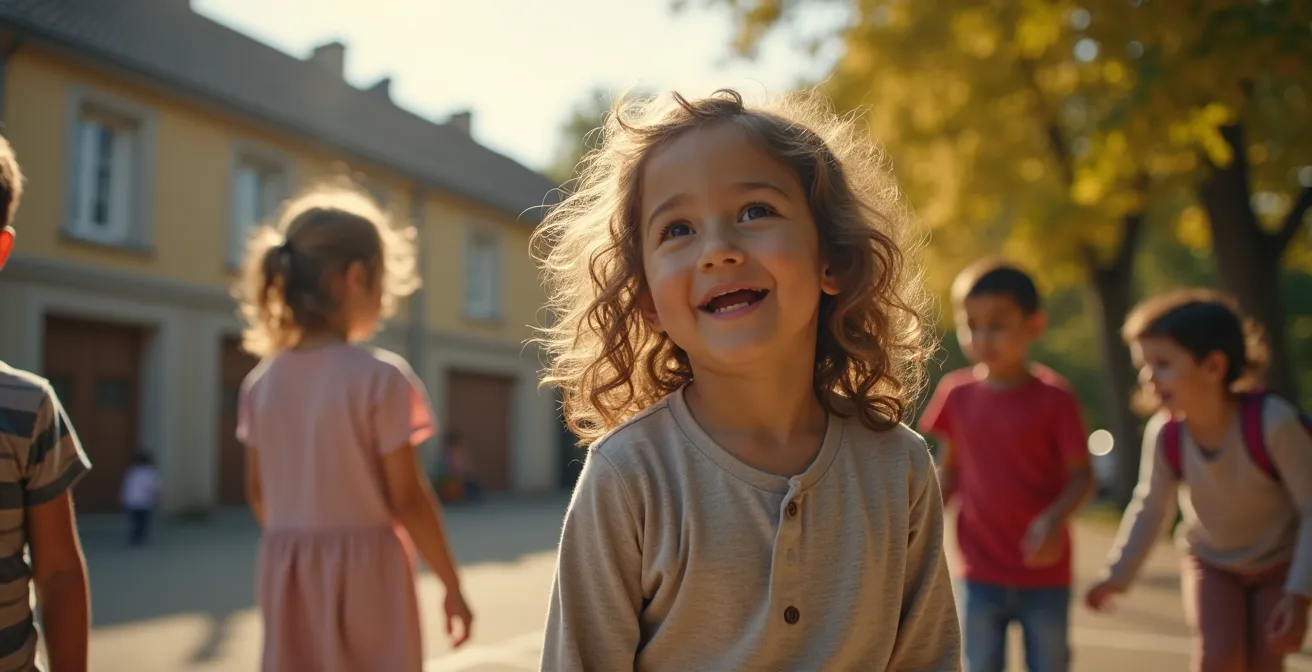 Illustration montrant une école française multiculturelle avec enfants de divers milieux sociaux jouant ensemble dans la cour