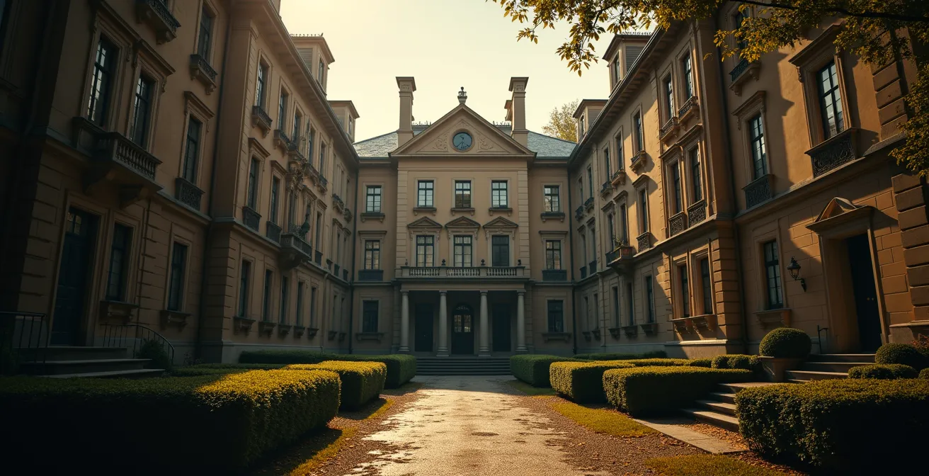 Illustration représentant une aristocratie immobilière dans un paysage urbain avec des contrastes de richesse et des dynasties familiales visibles