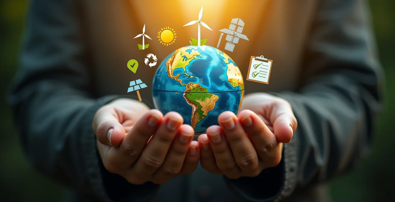 Illustration symbolique montrant une main humaine protégeant un globe terrestre entouré d'icônes représentant des énergies renouvelables, coopératives citoyennes et normes écologiques.