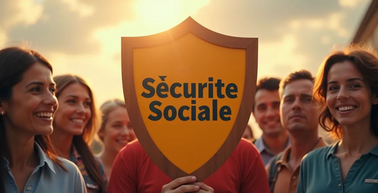 Illustration symbolique de la sécurité sociale comme un bouclier collectif protégeant des citoyens de tous âges sous un ciel chaleureux