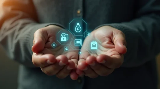 Symbole du service public avec des mains tenant des icônes de services essentiels comme l'eau, le courrier, et la santé