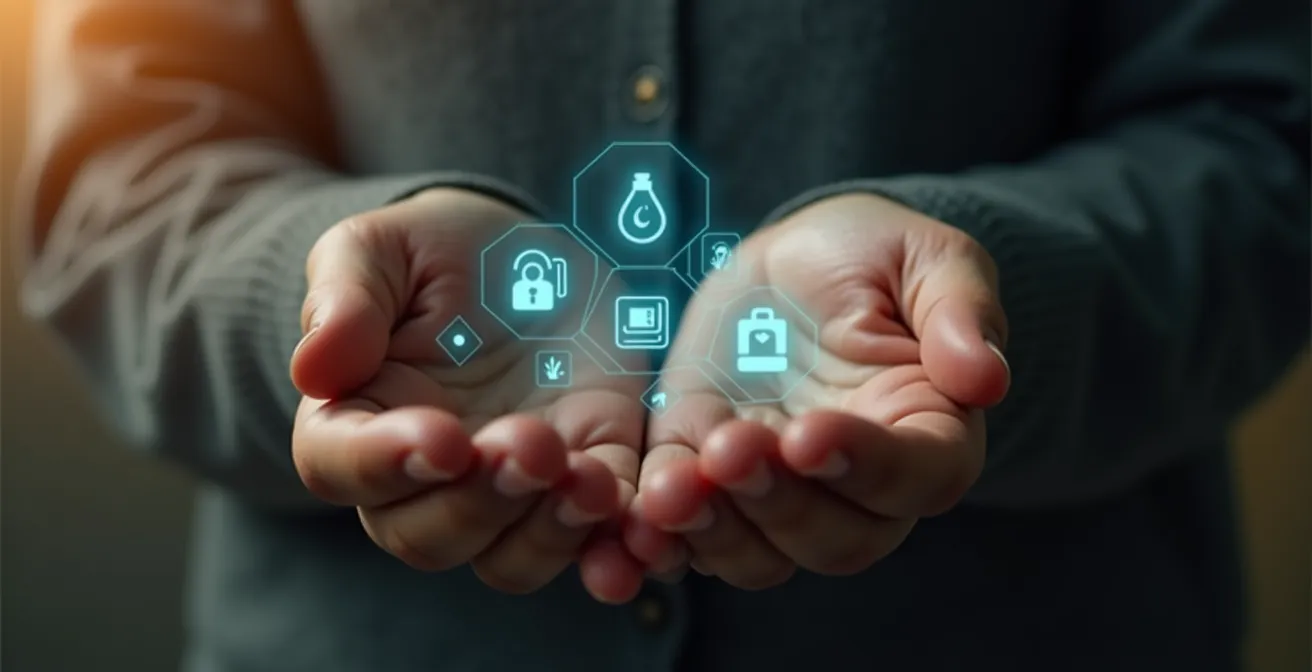 Symbole du service public avec des mains tenant des icônes de services essentiels comme l'eau, le courrier, et la santé