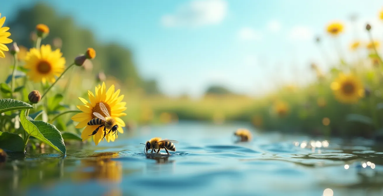 Illustration symbolique montrant des abeilles pollinisant fleurs, une rivière propre et un ciel bleu clair