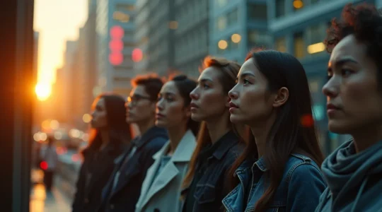 Illustration symbolique représentant la diversité et la liberté des classes sociales en 2025, avec des individus variés interconnectés dans un paysage urbain moderne