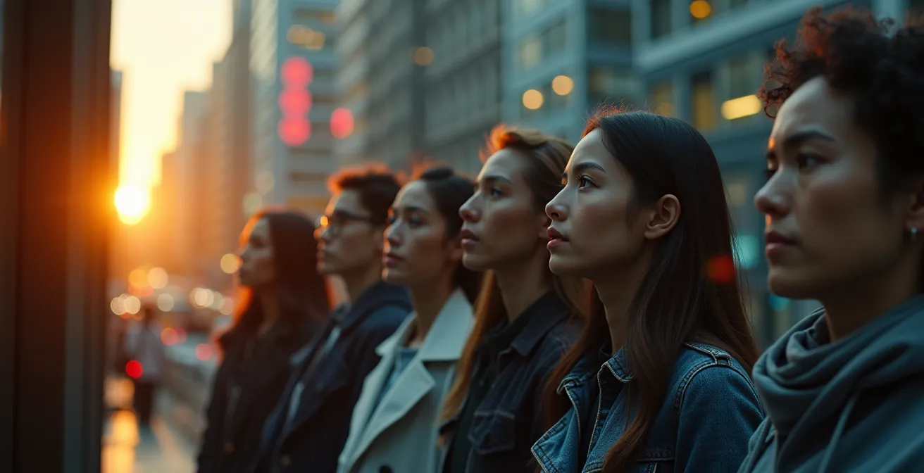 Illustration symbolique représentant la diversité et la liberté des classes sociales en 2025, avec des individus variés interconnectés dans un paysage urbain moderne