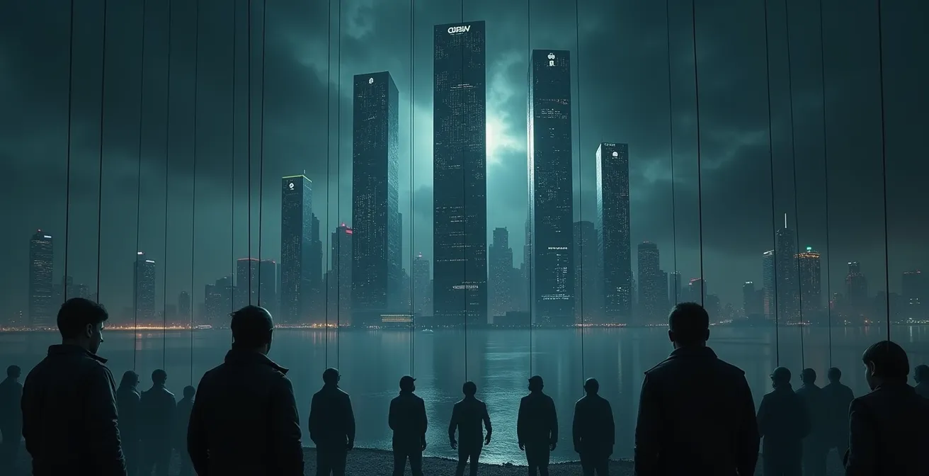 Illustration conceptuelle montrant la domination des plateformes numériques monopolistiques sur les travailleurs, symbolisant le techno-féodalisme moderne.
