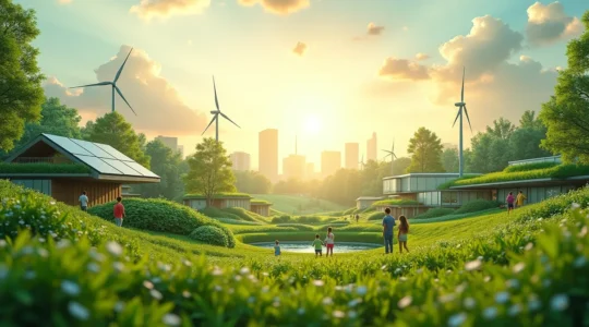 Illustration symbolique de la transition écologique avec une nature florissante entourant des éléments urbains modernes et durables.