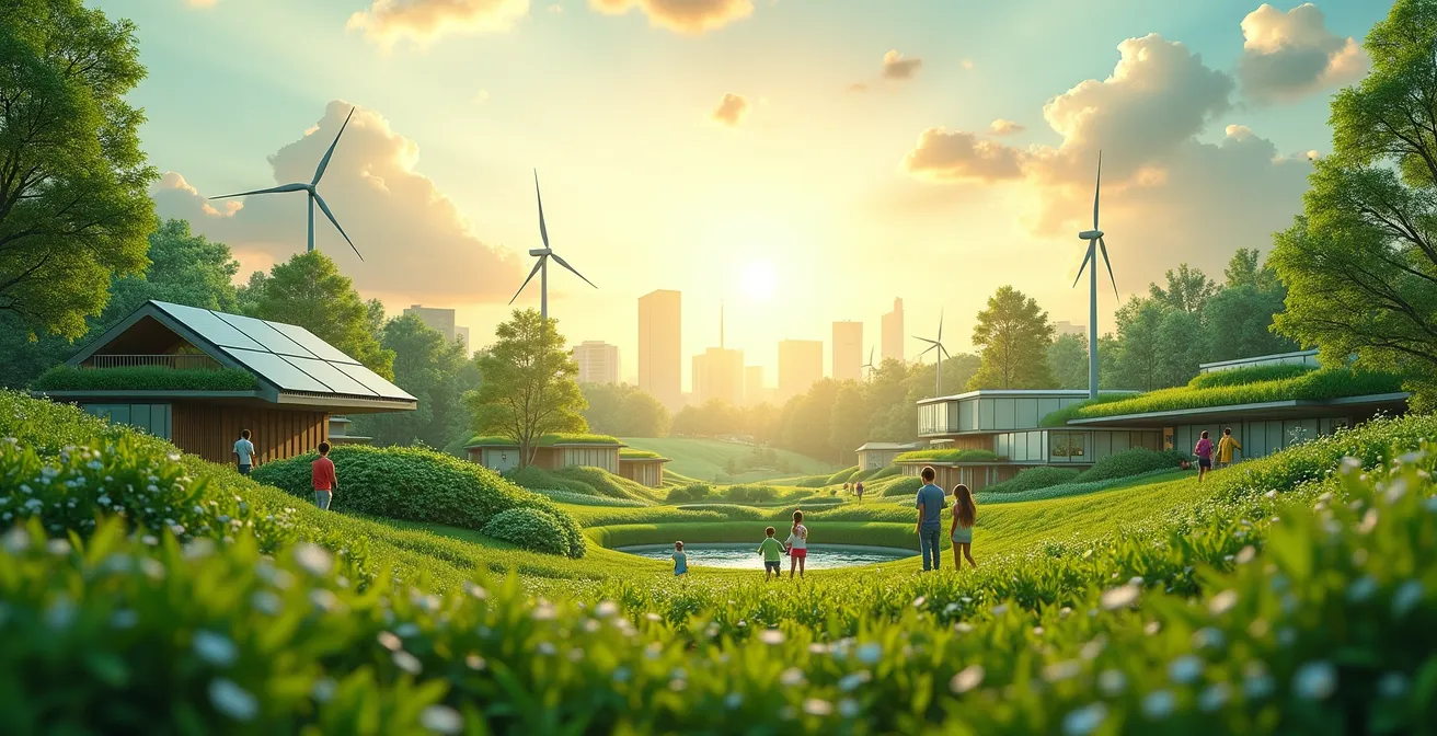 Illustration symbolique de la transition écologique avec une nature florissante entourant des éléments urbains modernes et durables.