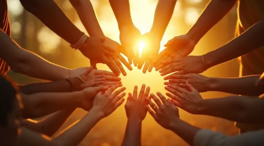 Illustration symbolique représentant l'universalité des droits humains avec des figures diverses de différentes origines unies dans une lumière d'espoir