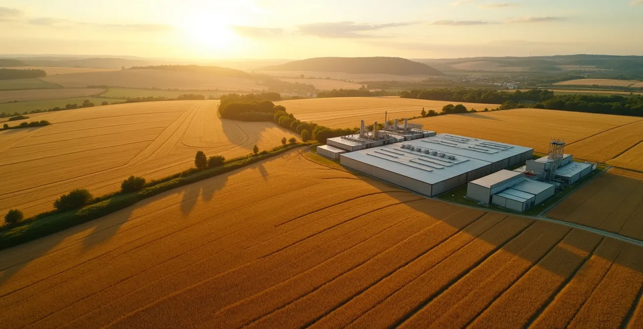 Champs agricoles français avec silos de stockage et infrastructure moderne