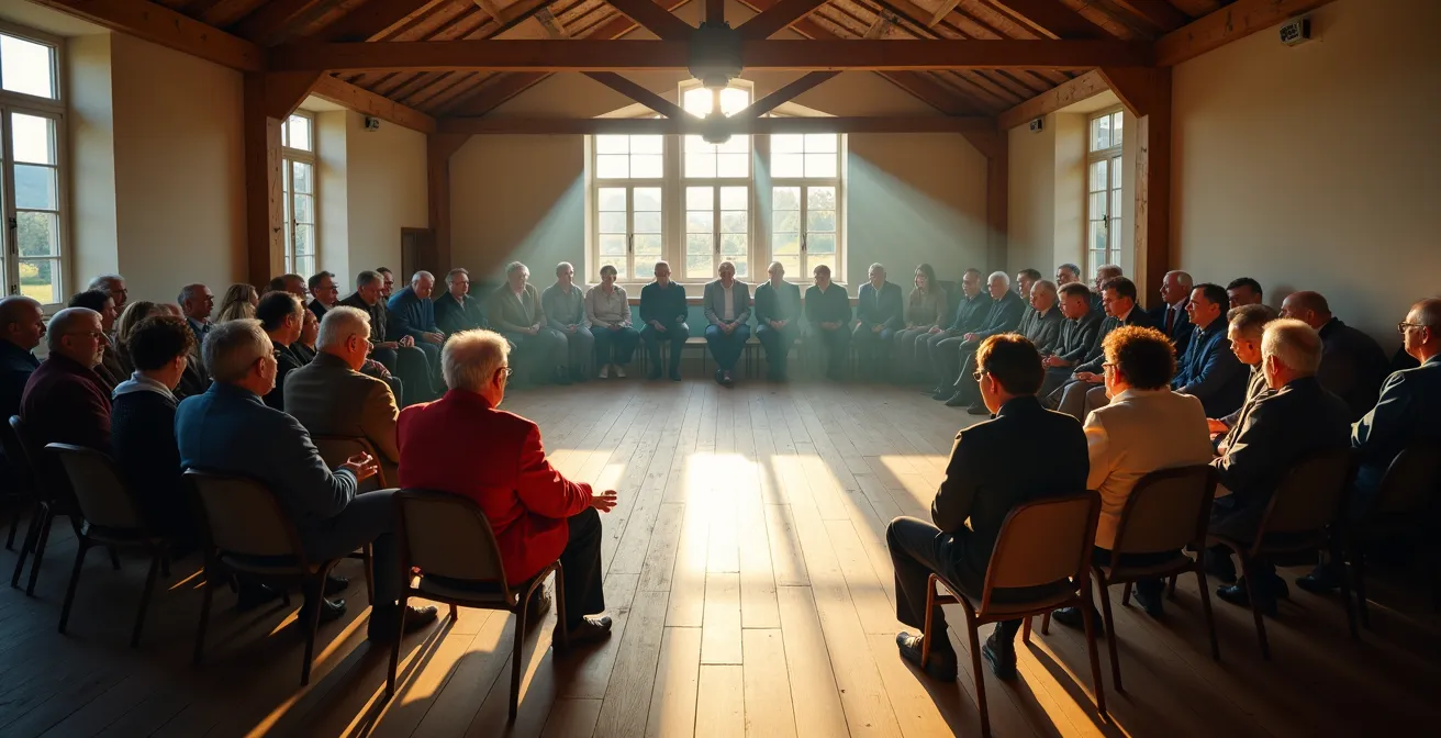 Vue large d'une assemblée villageoise dans une salle des fêtes avec habitants discutant en cercle