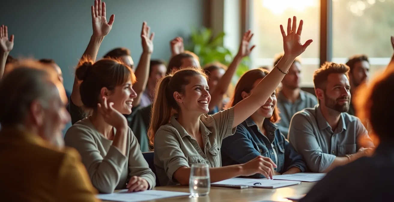 Assemblée générale d'une coopérative montrant le vote démocratique avec des mains levées
