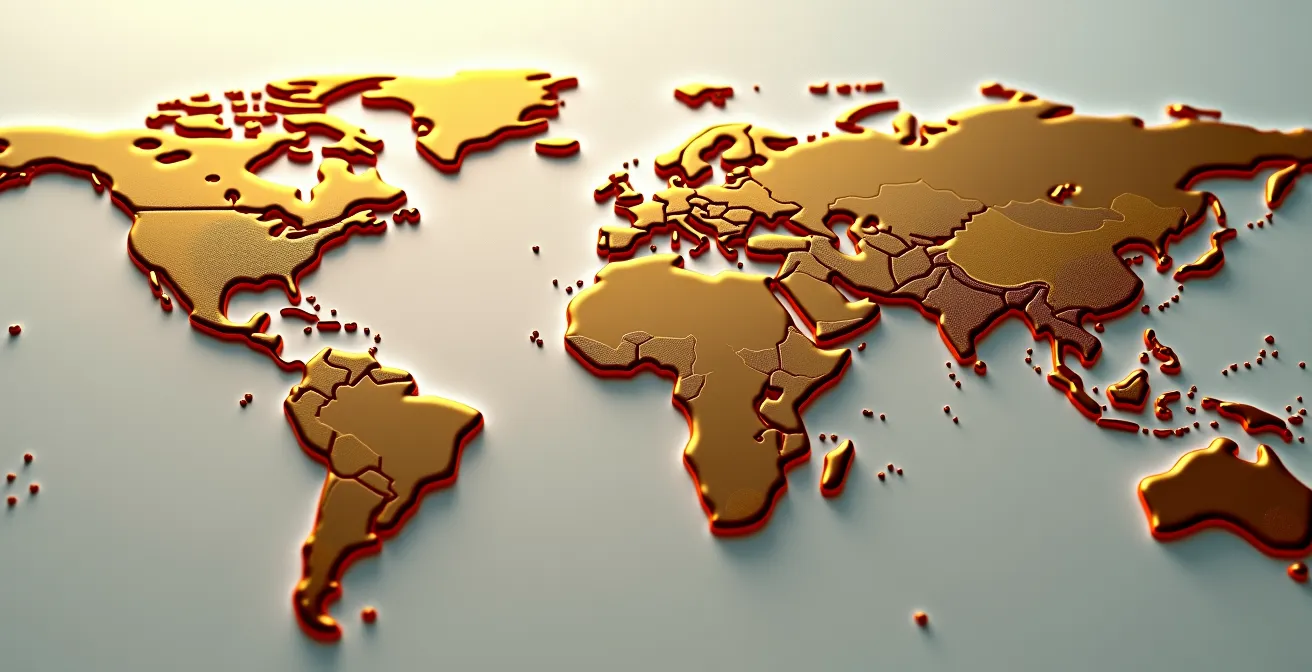 Vue aérienne d'un réseau de canaux d'eau dorés serpentant entre différents continents sur un globe terrestre stylisé