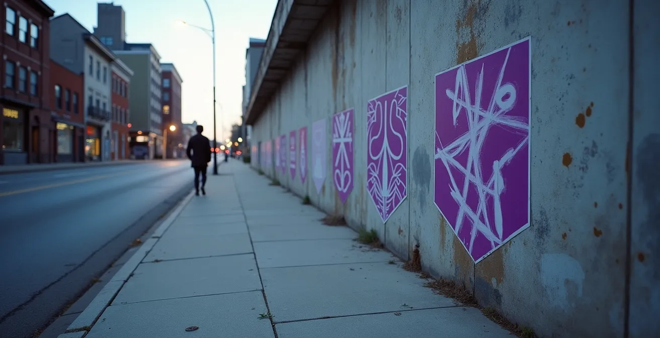 Scène de collage militant féministe dans l'espace urbain