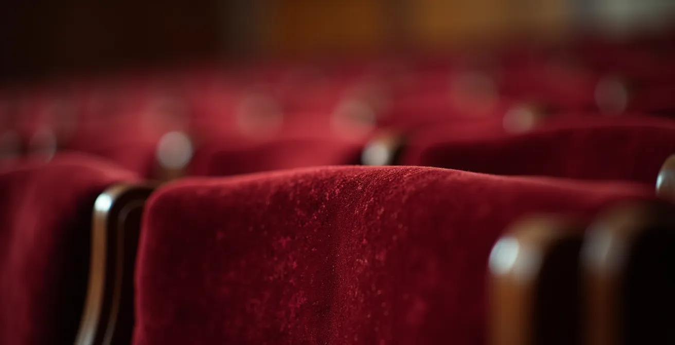 Photographie macro de sièges d'assemblée vides avec jeu de lumière symbolique sur les textures du velours