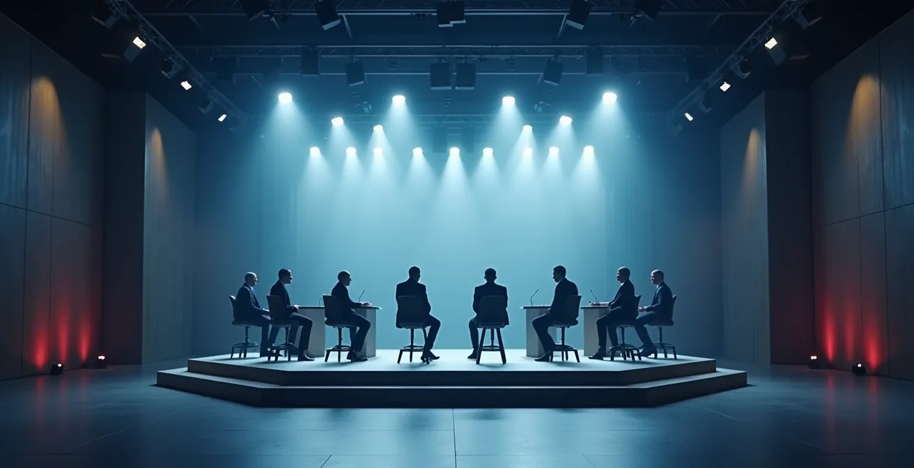 Vue large d'un plateau de télévision moderne avec plusieurs intervenants en débat