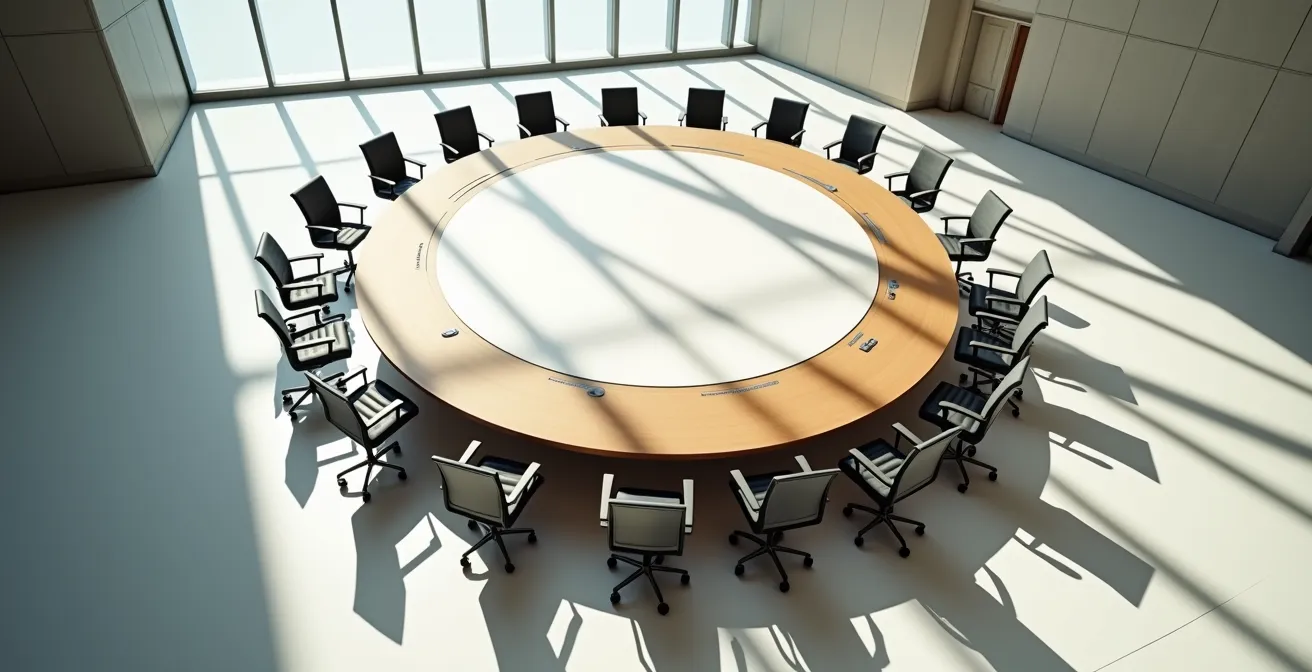 Vue aérienne d'une table de conférence circulaire avec des sièges vides symbolisant le besoin de réforme