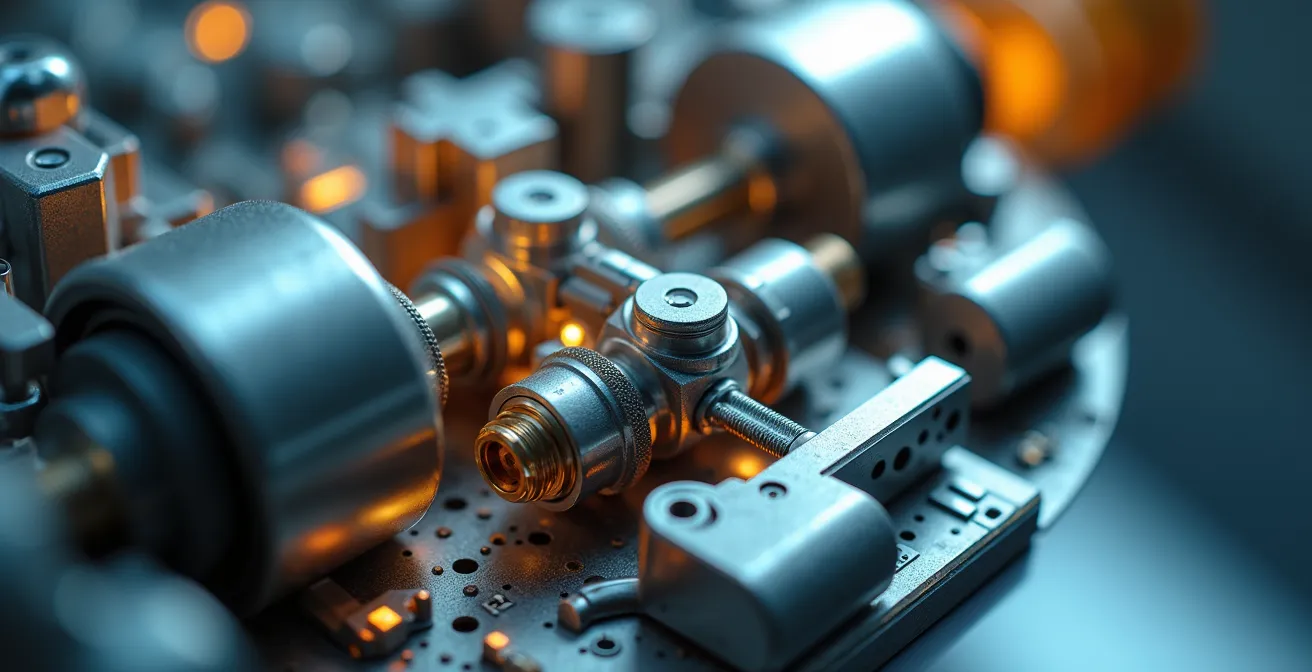 Vue macro de composants technologiques de haute précision avec détails métalliques et reflets dorés